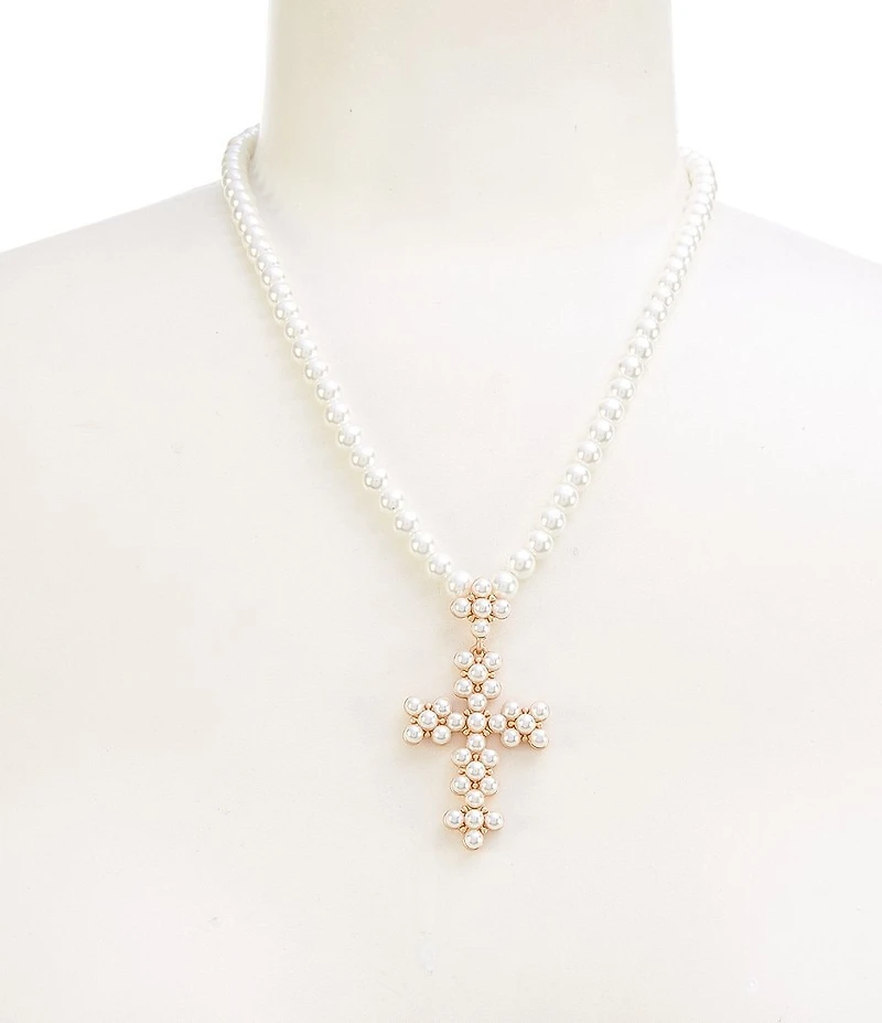 Southern Living Pearl Beaded Metal Cross Short Pendant Necklace