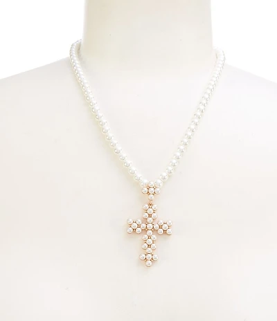Southern Living Pearl Beaded Metal Cross Short Pendant Necklace