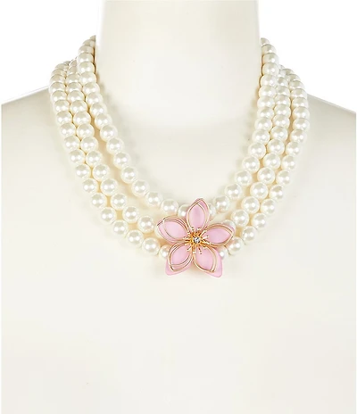 Southern Living Pearl Beaded Multi Row Strand Pink Flower Frontal Statement Necklace