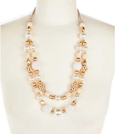 Southern Living Pearl Cord Wrapped & Wooden Beaded Adjustable Short Multi-Strand Necklace