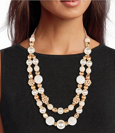 Southern Living Pearl Cord Wrapped & Wooden Beaded Adjustable Short Multi-Strand Necklace