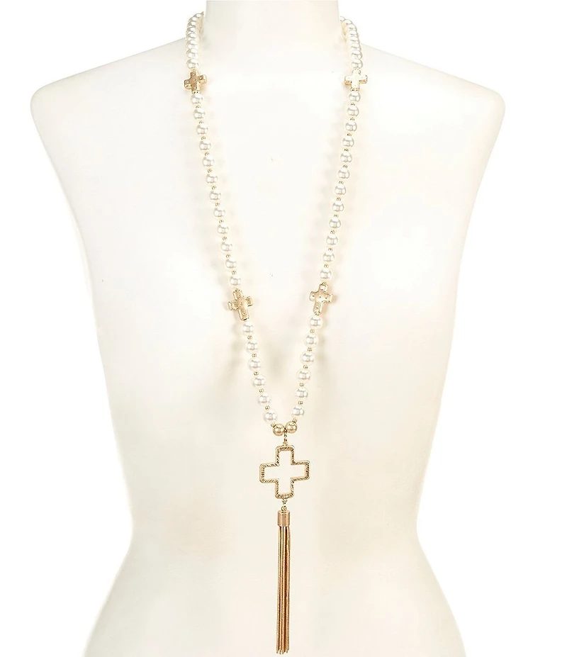 Southern Living Pearl Cross Statement Long Tassel Necklace