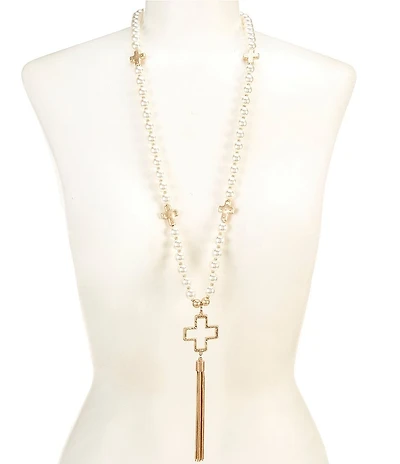 Southern Living Pearl Cross Statement Long Tassel Necklace