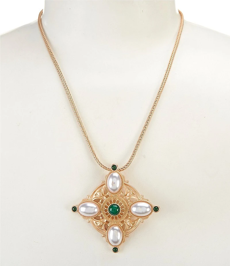 Southern Living Pearl Oval Cabochon & Green Swirl Stone Short Pendant Necklace