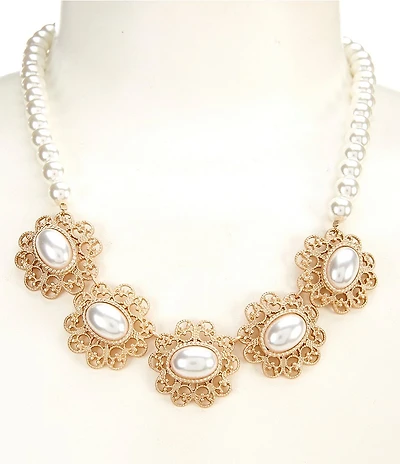 Southern Living Pearl Oval Cab Vintage Open Metal Collar Statement Necklace