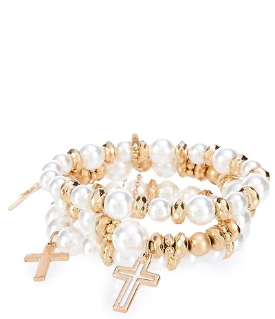 Southern Living Pearl Stretch Bracelet Set with Cross Charms