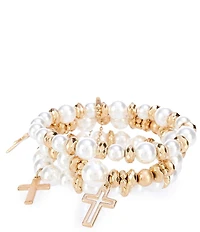 Southern Living Pearl Stretch Bracelet Set with Cross Charms