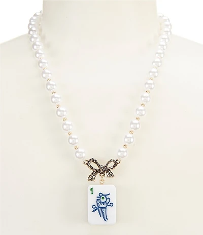 Southern Living Pearl with Bow and Mahjong Tile Short Statement Pendant Necklace