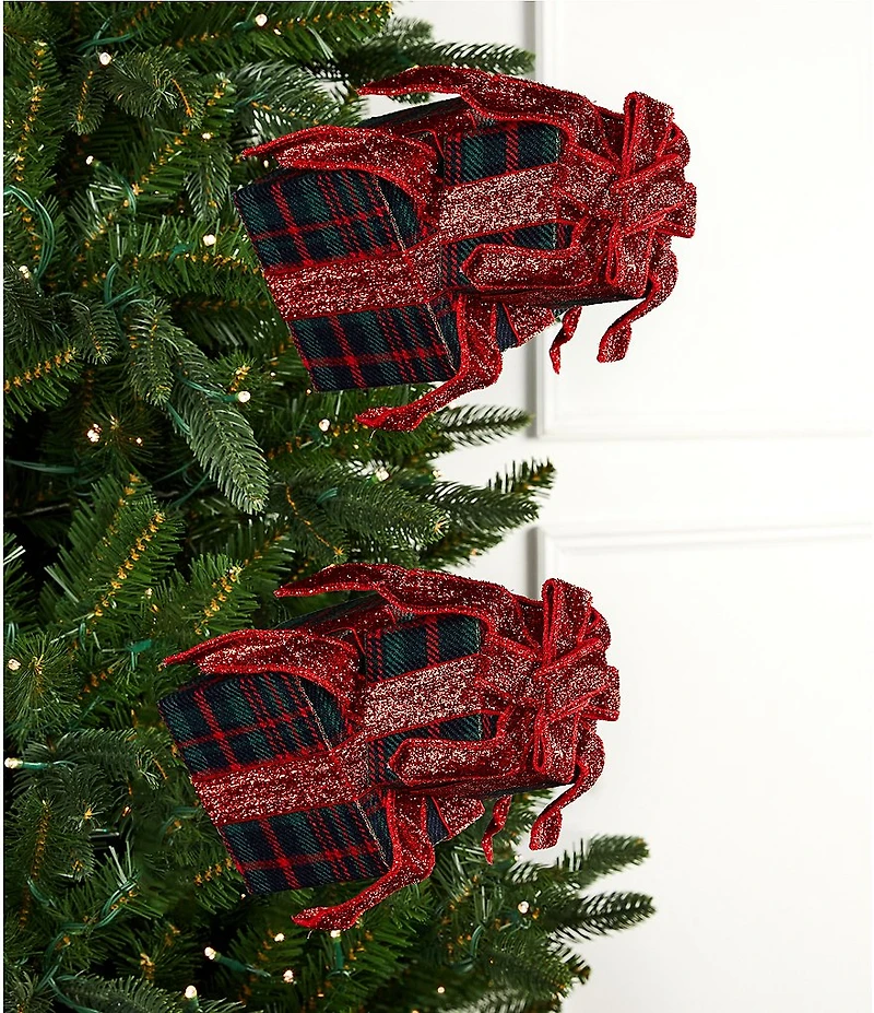 Southern Living Plaid Tidings Collection Green Plaid Present Pick, Set Of 2