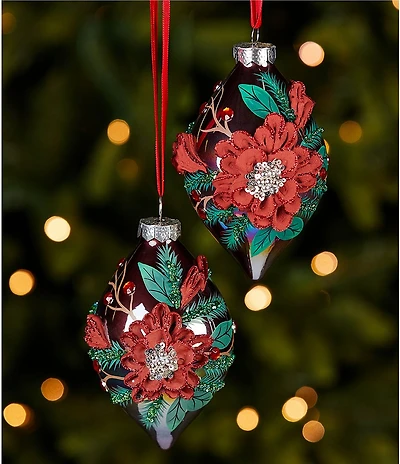 Southern Living Plaid Tidings Collection Iridescent Flower Drop Glass Ornament, Set Of 2