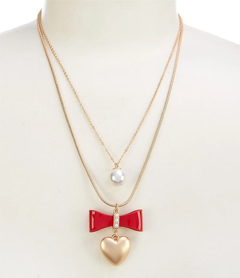 Southern Living Red Leather Bow Polished Heart Charm Drop Short Multi-Strand Necklace