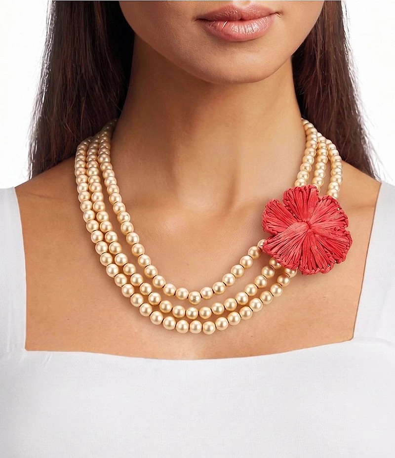 Southern Living Red Raffia Flower 3 Row Ccb Short Multi-Strand Necklace