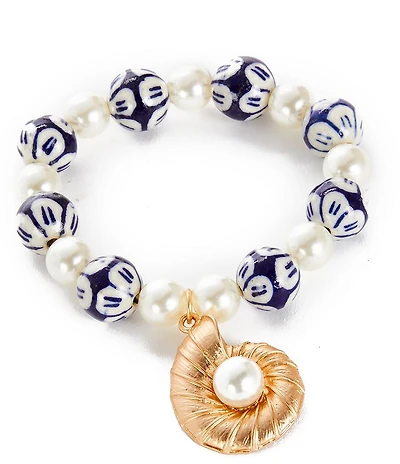 Southern Living Resort Shell Charm Navy Floral & Pearl Beaded Stretch Bracelet