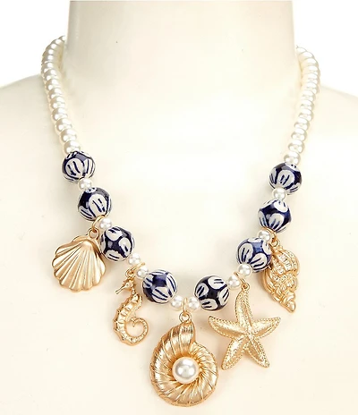 Southern Living Sealife Charm Drop Navy Floral and Pearl Beaded Collar Necklace