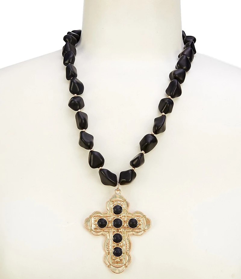 Southern Living Semi Precious Beaded Short Pendant Statement Necklace with Cross