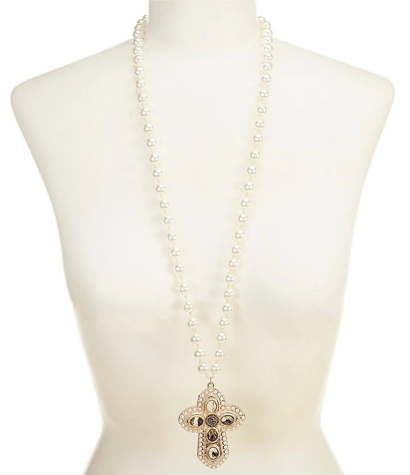 Southern Living Semi Precious Stone Cross Long Statement Pendant Necklace