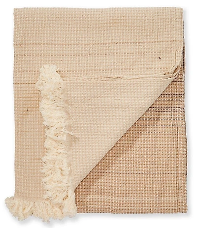 Southern Living Simplicity Collection Neutral Ombre Cotton Waffle Jacquard Fringe Trim Throw Blanket