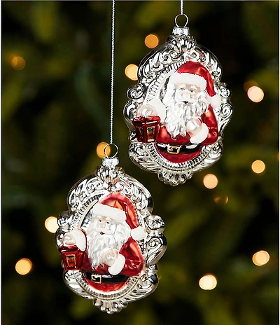 Southern Living Sweet Christmas Collection Silver Framed Santa Glass Ornament, Set Of 2