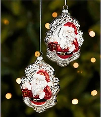Southern Living Sweet Christmas Collection Silver Framed Santa Glass Ornament, Set Of 2