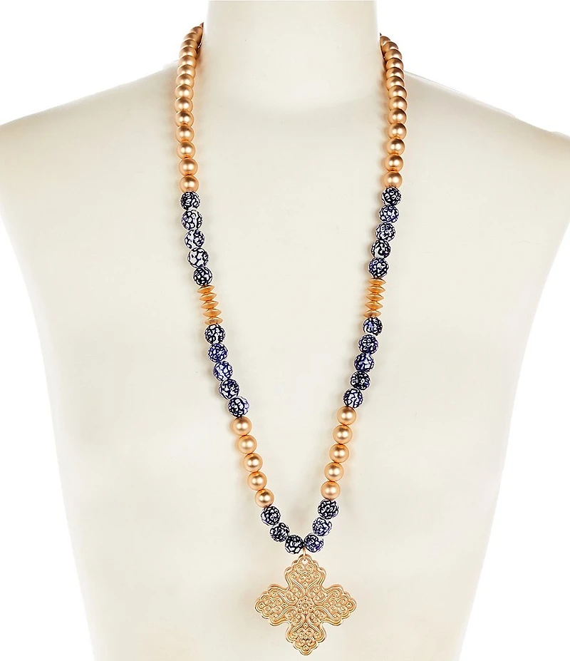 Southern Living Swirl Cross Pendant Floral Bead & Ccb Strand Long Pendant Necklace