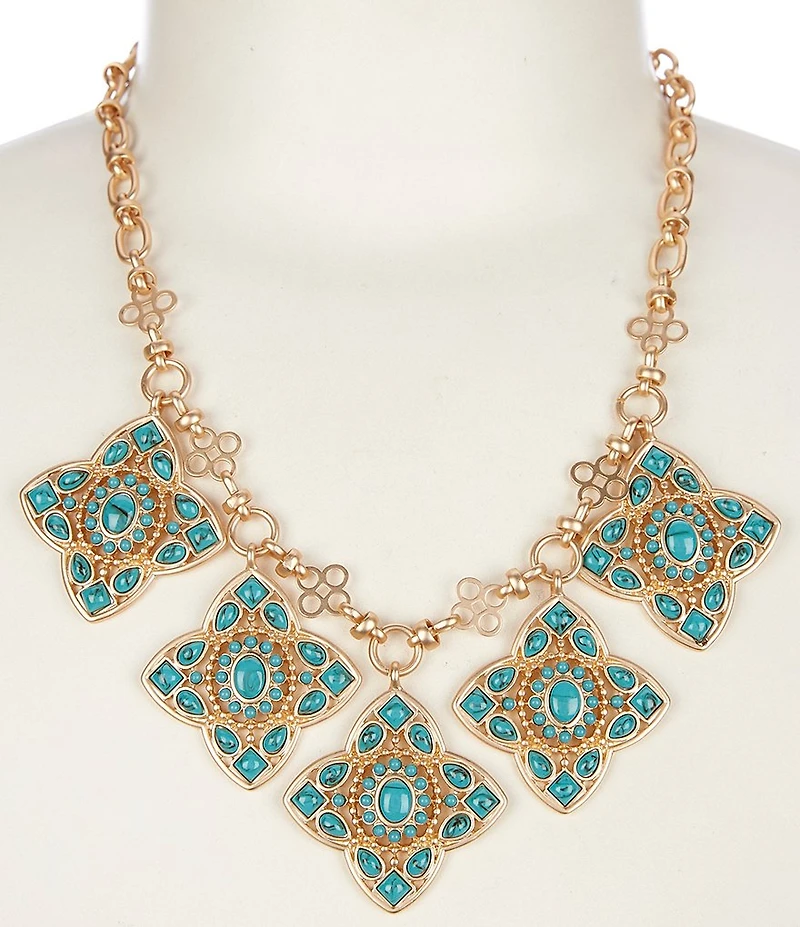 Southern Living Turquoise Resin Stone Quatrefoil Drop Frontal Statement Necklace