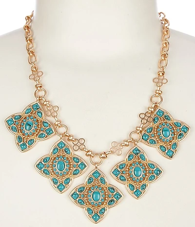 Southern Living Turquoise Resin Stone Quatrefoil Drop Frontal Statement Necklace