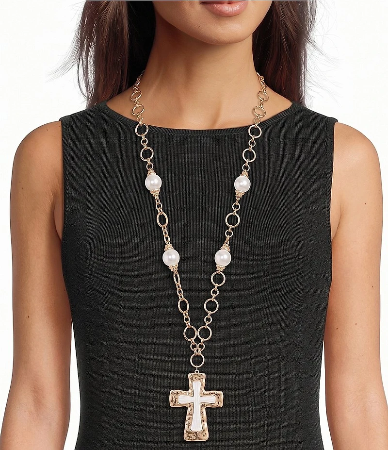 Southern Living Two Tone Cross Statement Pendant Pearl Long Strand Necklace