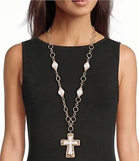 Southern Living Two Tone Cross Statement Pendant Pearl Long Strand Necklace