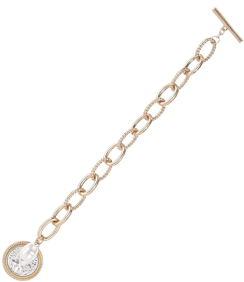Southern Living Two Tone Link Line Bracelet with Coin and Pearl Pendant