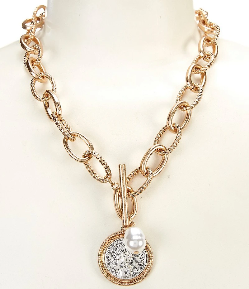 Southern Living Two Tone Link Short Pendant Necklace with Coin and Pearl Pendant