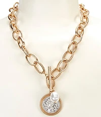 Southern Living Two Tone Link Short Pendant Necklace with Coin and Pearl Pendant