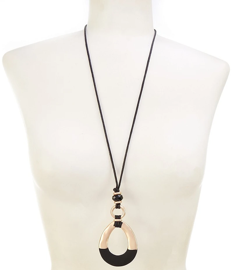 Southern Living Wavy Metal Open Teardrop Jet Cord Long Pendant Necklace