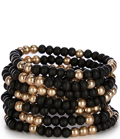 Southern Living Wood and Gold Beaded Stretch Bracelet Set