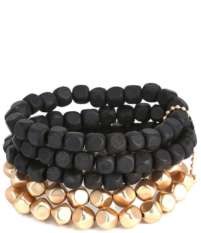 Southern Living Wood and Gold Stretch Beaded Bracelet Set