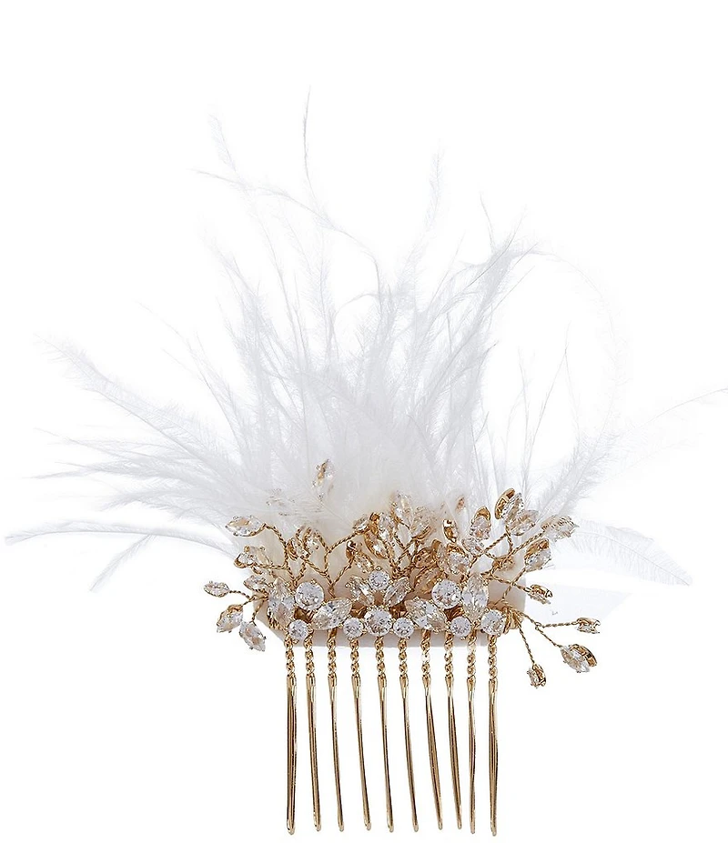 Southern Living x Borrowed & Blue Crystal CZ Stone White Ostrich Feather Hair Comb