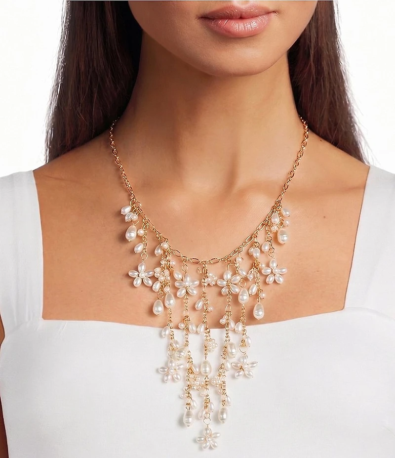 Southern Living x Borrowed & Blue Pearl Flower Fringe Drop Collar Necklace