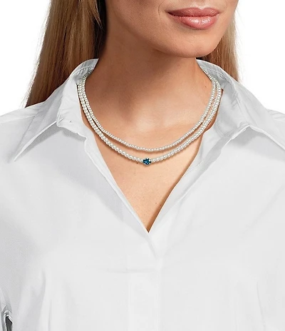 Southern Living x Borrowed & Blue Sapphire Oval Stone Charm 2 Row Pearl Short Multi Strand Necklace