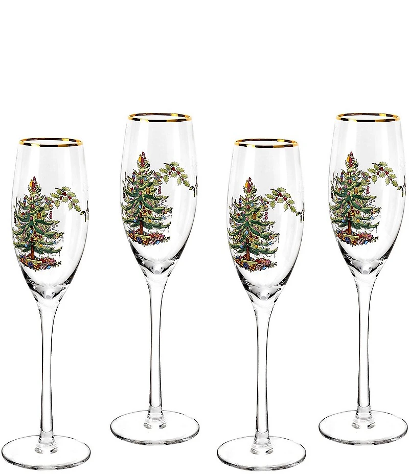 Spode Christmas Tree Novelty Champagne Fluted Glasses, Set of 4