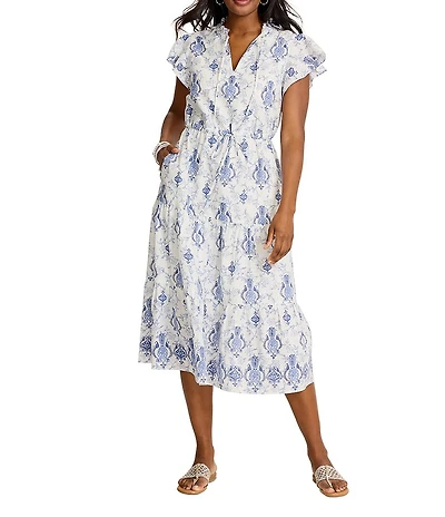 Tommy Bahama Noble Pineapple Vintage Floral Split V-neck Cap Flutter Sleeve A-Line Midi Dress