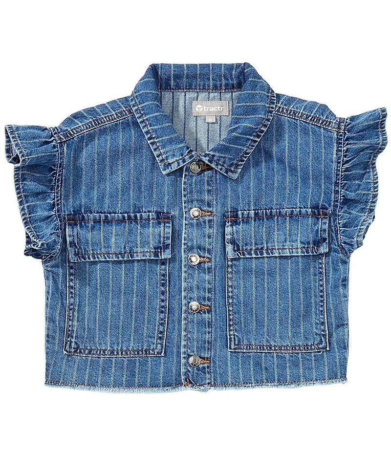 Tractr Big Girls Striped Ruffle Short Sleeve Denim Top