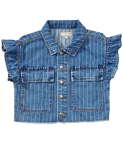 Tractr Big Girls Striped Ruffle Short Sleeve Denim Top