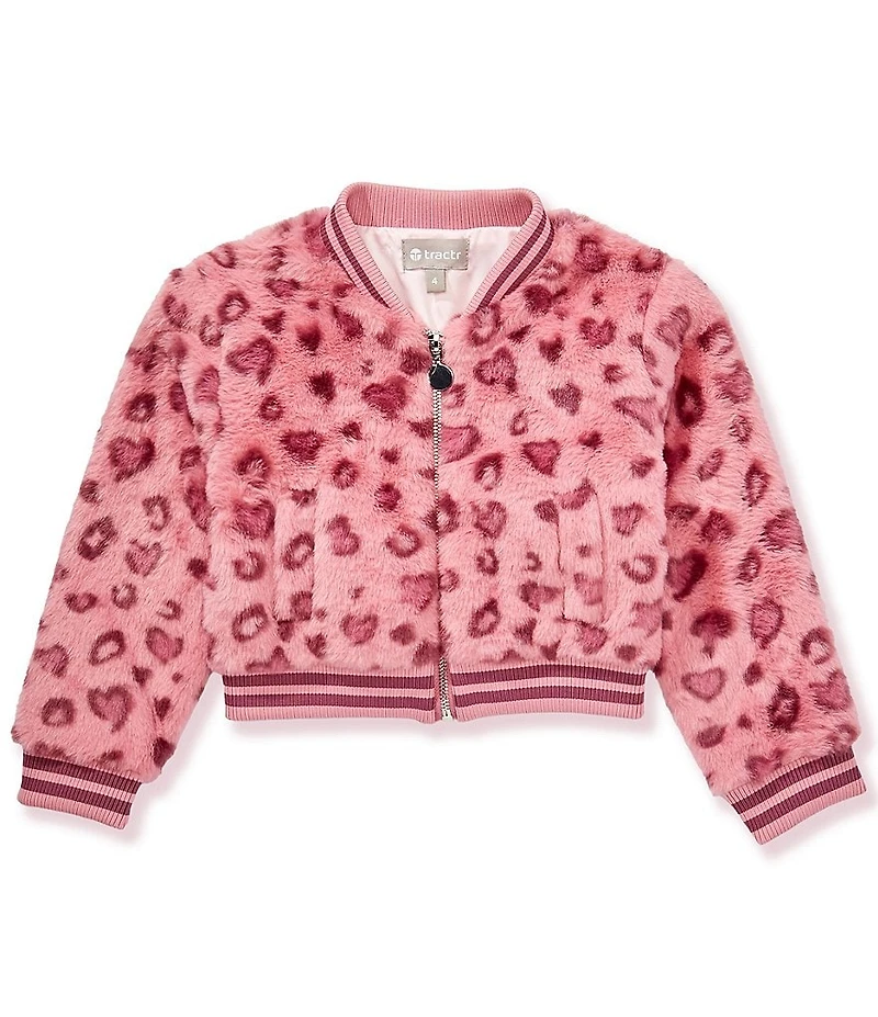 Tractr Little Girls Heart Leopard Print Faux Fur Zip Up Jacket