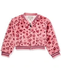 Tractr Little Girls Heart Leopard Print Faux Fur Zip Up Jacket