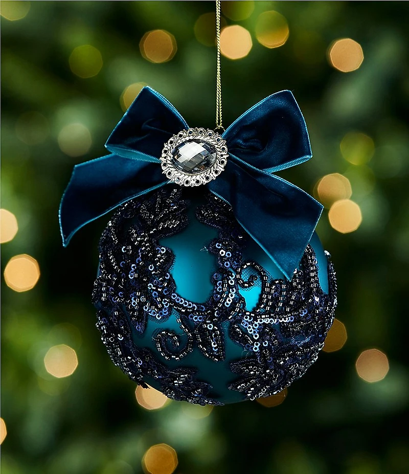 Trimsetter Grandeur Collection Floral Beaded Glass Ball Ornament with Bow