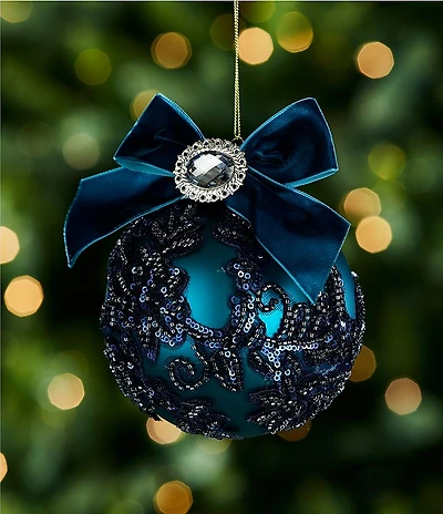 Trimsetter Grandeur Collection Floral Beaded Glass Ball Ornament with Bow