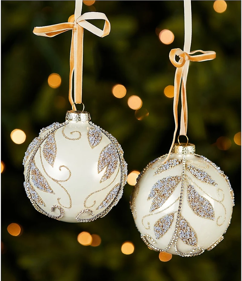Trimsetter Luxe Lodge Collection Floral and Leaf Beaded Glass Ball Ornament, Set Of 2