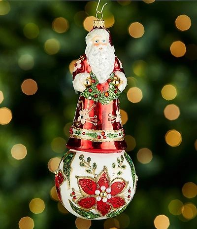 Trimsetter Santa on Poinsettia Ball Hand Painted Glass Ornament
