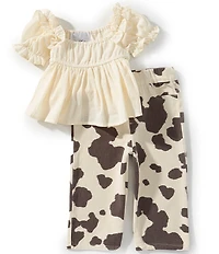 Tween Diva Baby Girls Puff Sleeve Ruffle Trim Top & Cow Print Twill Jeans 2-Piece Set