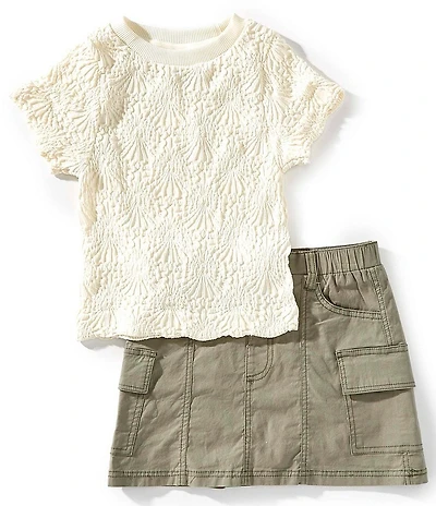 Tween Diva Big Girls Short-Sleeve Floral Textured-Knit T-Shirt & Solid Twill Cargo Skort Set