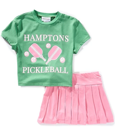 Tween Diva Big Girls Short Sleeve Hamptons Pickleball Graphic T-Shirt & Solid Pleated Skirt Set